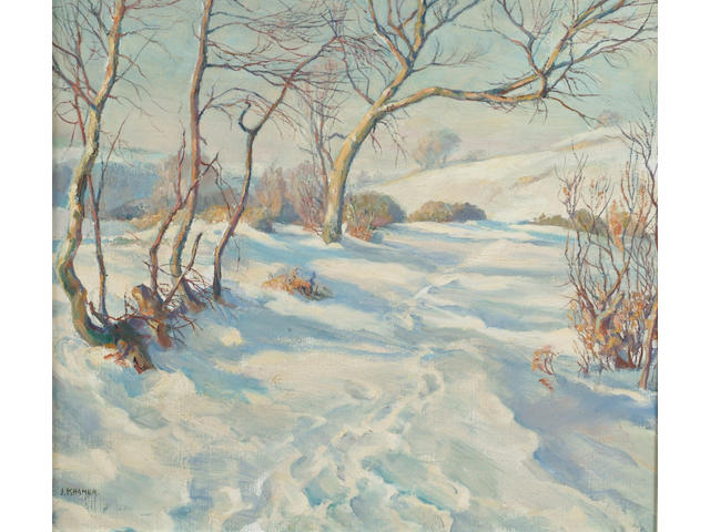 J Kramer (20th Century) 'Snowscene', signed, oil on canvas 40 x 45cm