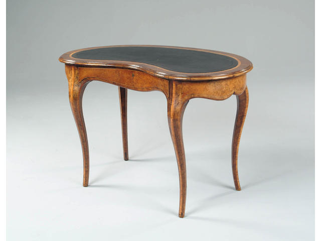 A Victorian  burr walnut and tulip wood banded kidney shaped writing table