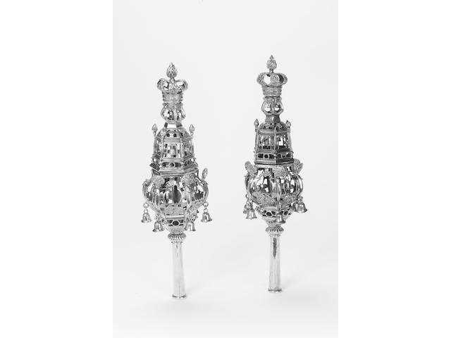 Judaica:- A pair of mid 18th Century Dutch parcel-gilt Torah finials, Rinonim, with indistinct narks