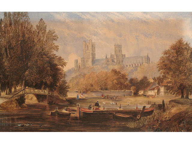 English School (19th Century), Ely Cathedral, with boats in the foreground, 61 x 96 cm