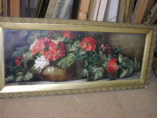 Arthur Dudley (fl.1890-1907), Still life of geraniums and a vase on a ledge, 27 x 75.5cm.