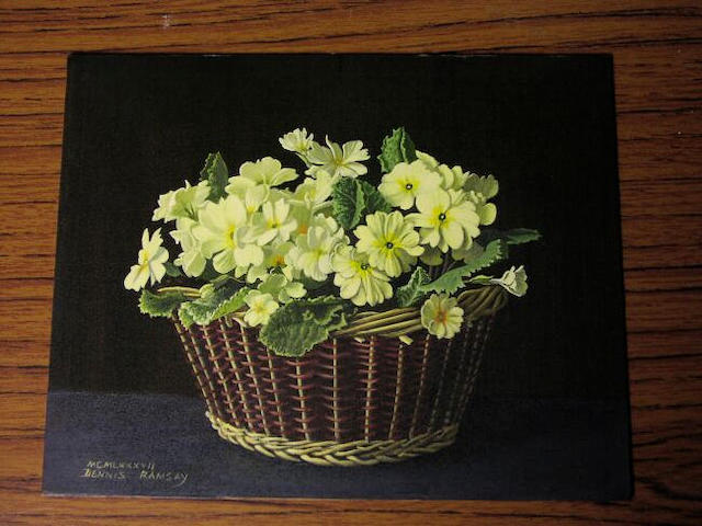 Dennis Ramsay (b.1925), still life of primroses in a wicker basket, 20.5 x 25.5cm, (unframed).