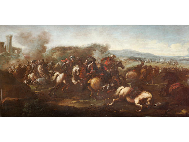 Attributed to Antonio Calza (Verona 1653-1725) A cavalry skirmish 59.2 x 118 cm. (23&#188; x 46&#189; in.)