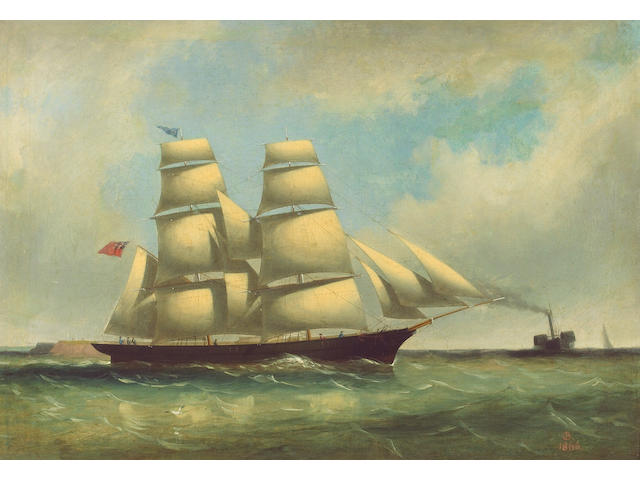 Philip John Ouless (Jersey, 1817-1885) The Jersey Brig 'Escape', undersail, a paddle steamer in the distance, 44.3 x 64.7cm