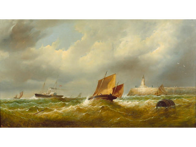 G. Hardy (British fl mid 19th century); 'Squall off Jersey Pier', 44.7 x 80.7cm