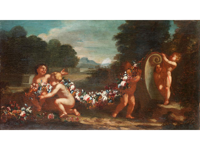 Neapolitan School, 18th Century Putti with a swag of flowers in a landscape; and Putti fighting by 27.5 x 48.8 cm. (10 7/8 x 19&#188; in.) (2)