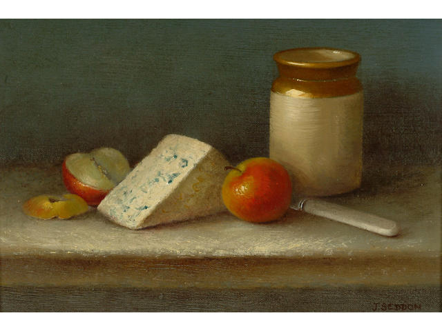 Joyce Seddon SWA (fl.from 1970) 'Still life with blue mug and apples' 16 x 24cm (6 1/4 x 9 1/2in)