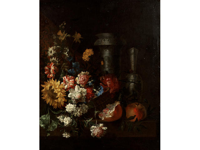 Jean-Baptiste Belin de Fontenay (Caen 1653-1715 Paris) A basket of carnations, morning glory, peonies and a sun flower with 85 x 69 cm. (33&#189; x 27 1/8 in.)