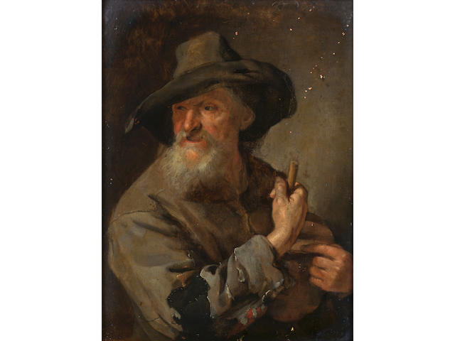 Jacob Toorenvliet (Leiden circa 1635-1719) A peasant man holding a staff 17.7 x 13.5 cm. (7 x 5&#188; in.)