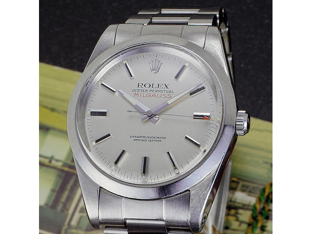 Rolex. A fine and rare stainless steel automatic bracelet watch together with original box, certificate and booklet 'Milgauss' Ref:1019 made in 1970, sold in 1988