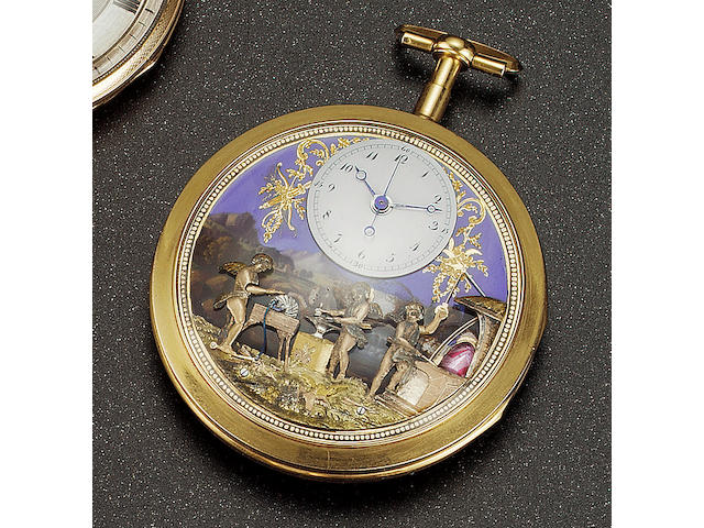 Cupids Workshop. A fine and rare early 19th century 18ct gold and enamel automaton pocket watch Attributed to John Rich, circa 1800.