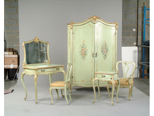 A polychrome and gilt decorated bedroom suite in the Louis XV style