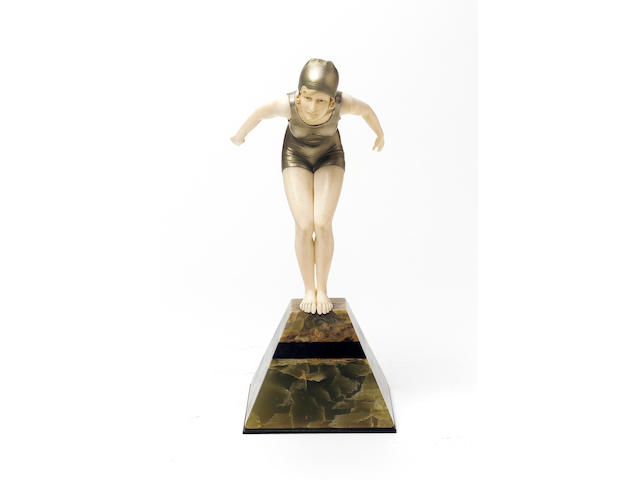 Ferdinand Preiss, circa 1925 'The Diver' a Fine Cold-Painted Bronze and Carved Ivory Figure