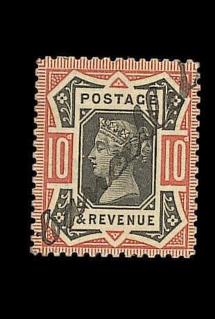 1887-92 Jubilee Issue: 10d. colour trial in black and red on thick card, line perf. 14, endorsed "Cancelled" in manuscript. Unlisted by S.G.. Ex Marcus Samuel, unique. B.P.A. Certificate (2004).