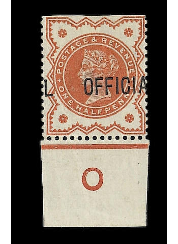 Officials I.R.: 1888 &#189;d. vermilion, imperf at top, without "I.R." and shifted overprint, a superb "O" control example. Wiseman CA1-5f. Ex Silkin, very rare.