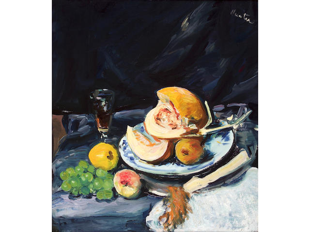 George Leslie Hunter (1877-1931) Still life of cut melon, glass and fan 49 x 43cm (19 x 17ins)