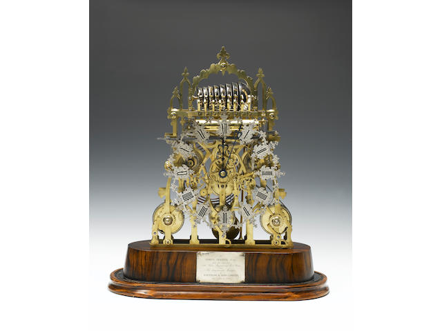 A rare and impressive Exhibition quality 19th century quarter chiming skeleton clock Unsigned, but attributable to Smiths of Clerkenwell