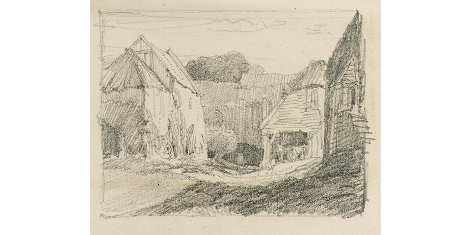 Frederick Landseer Maur Griggs WATER-COLOUR DRAWINGS The book, containing 44 pencil drawn records of watercolours and oils produced by the artist between 1906-1938, on various types of paper, each mounted onto separate pages, with details of the title, date, dimensions, variously the name/s of the buyer and exhibition/auction notes. Bound in vellum by the artist, with titles in black pen and ink on the spine. In excellent condition. 310 x 250mm (11 1/8 x 9 7/8in)(vol)