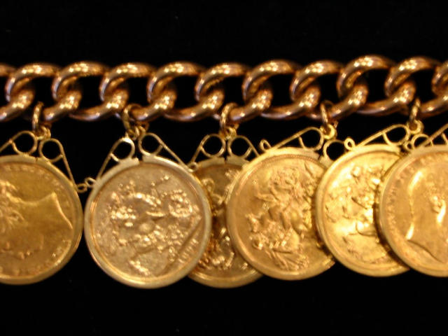 A 9ct gold hollow curb-link bracelet suspending twelve sovereigns, 1886-1914, each in individual pendant mounts, with 9ct gold padlock clasp,