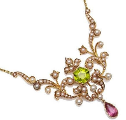 An Edwardian gold peridot and pearl set necklace Centred with an hexagonal collet set peridot within