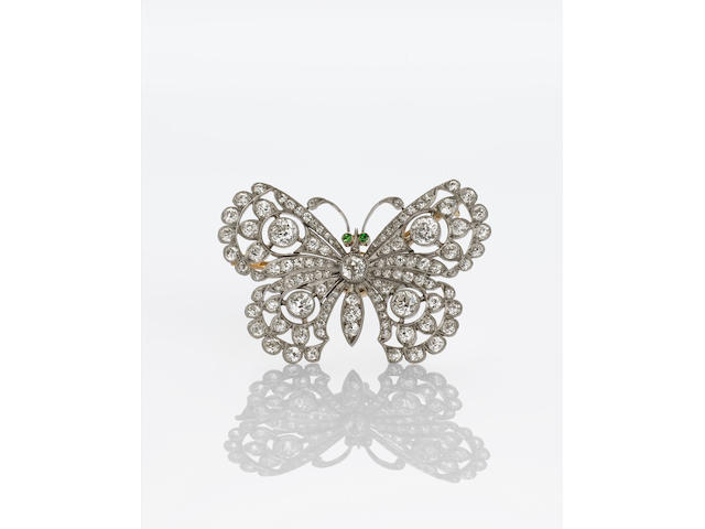 An Edwardian diamond and demantoid garnet butterfly brooch,