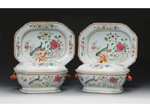 A fine and rare pair of famille rose 'double-peacock' tureens, covers and stands Qianlong
