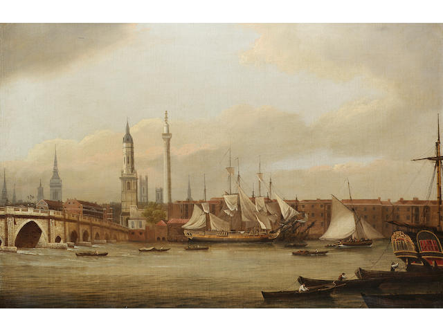 William P. Sherlock (British, b.c.1780) Shipping lying in the Thames below Old London Bridge 57.2 x 86.3cm. (22 1/2 x 34in.)