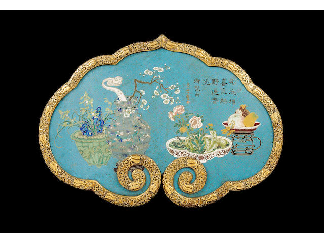 A very fine and large cloisonn&#233; enamel and gilt bronze ruyi-shaped panel Qianlong