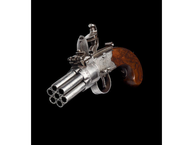 A Very Rare Seven-Barrelled Flintlock Box-Lock Pepperbox Revolver