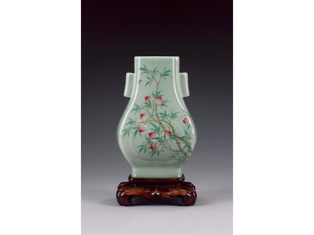 A celadon-ground, famille rose vase