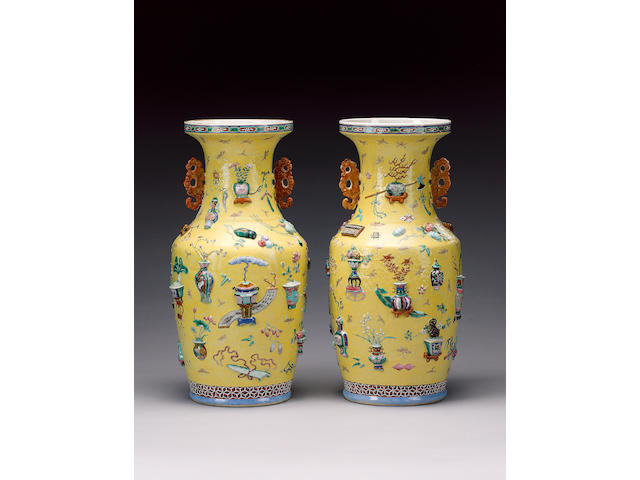 A pair of imperial-yellow ground vases;