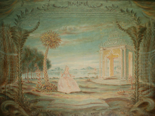 Circle of Rex Whistler Exotic garden landscape, with lady in elegant 18th century style costume stood before a gazebo and palm tree, with lake and hills visible beyond, 92 x 120cm.