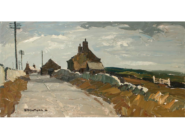 Donald McIntyre (born 1923) Country road with buildings and fields beyond, 39 x 75cm.