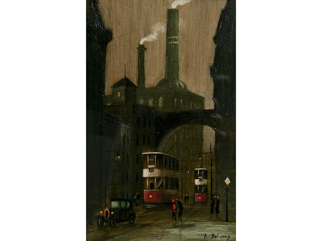 Arthur Delaney (1927 - 1987) Northern street scene with trams passing under a viaduct, 22 x 14cm.