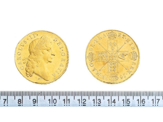 Charles II (1660-85), Five Guineas, 1683, Second laureate bust right.