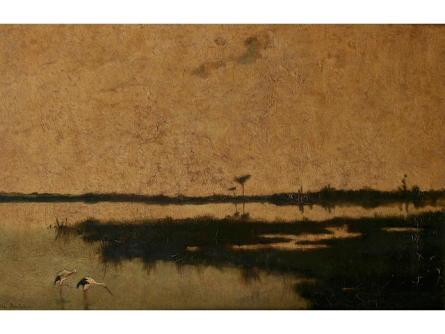 Hilda Montalba Extensive lake landscape with storks, 30 x 46cm.
