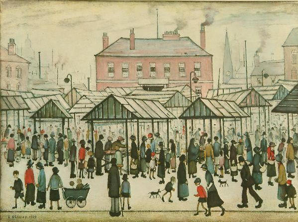 Laurence Stephen Lowry (1887-1976) 'Market Scene in a Northern Town' 45.5 x 61cm.