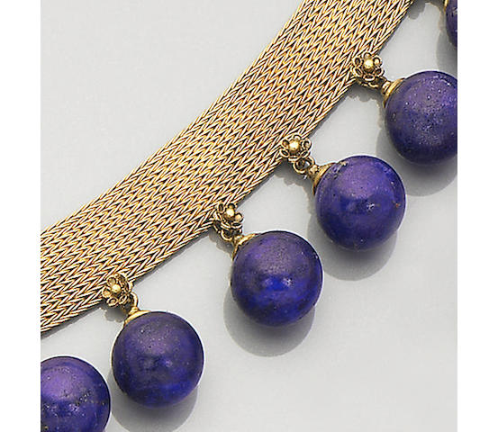An archaeological revival gold and lapis lazuli collar necklace,