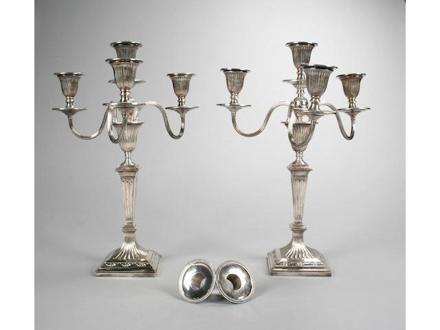 A good pair of Victorian three branch, four light candelabra, by Hawksworth, Eyre & Co, Ltd, Sheffield 1887,