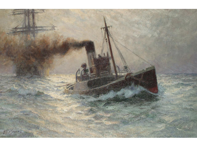 Hely Augustus Morton Smith (1862 - 1941) In Tow of the Triton, signed, also signed and titled on stretcher verso, oil on canvas, 39.5 x 59.5cm.
