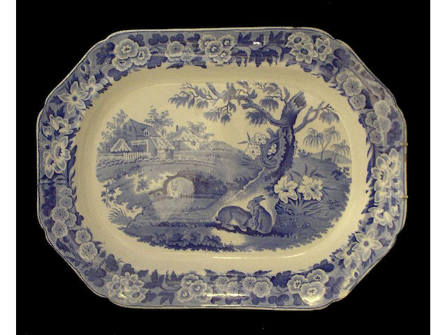 A large blue printed 'Grazing Rabbits' platter Circa 1835