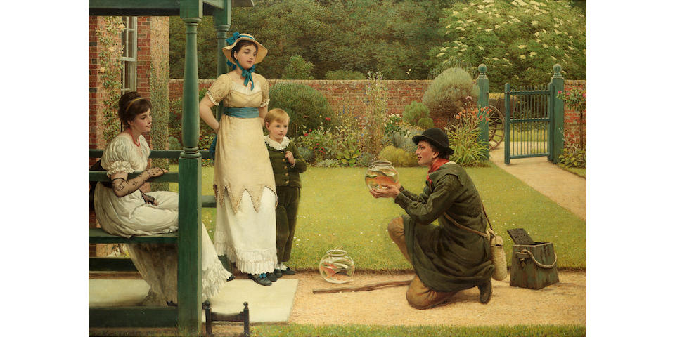 George Dunlop Leslie, RA (British 1835-1921) The goldfish seller 75.5 x 111 cm. (29 3/4 x 43 1/2 in.)