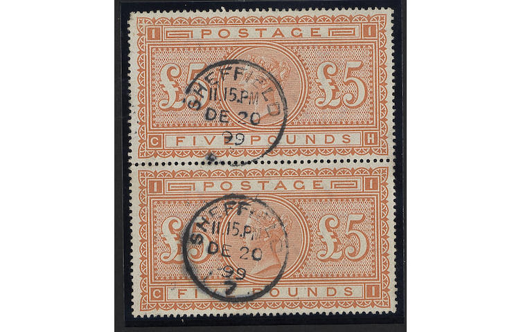 1882-83 wmk Anchor: &#163;5 orange CH-CI used vertical pair, fine, slightly oily Sheffield c.d.s's, scarce.