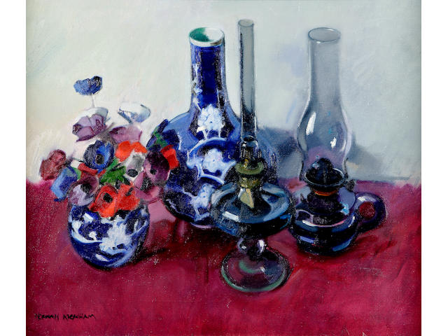 Norman Kirkham (b1936) Still life of poppies and lamp 54 x 67cm