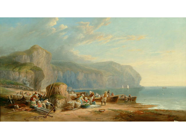 John Wilson Carmichael (1799-1868) 'Flamborough Head, Arrival of the Fishing Boats' 37 x 65cm.