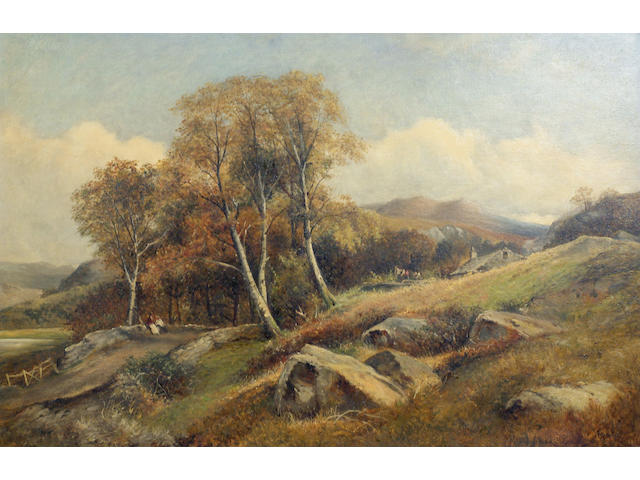 David Bates (1840-1921) 'Welsh mountain landscape with figures', signed and dated 1889, oil on canvas 50 x 75cm