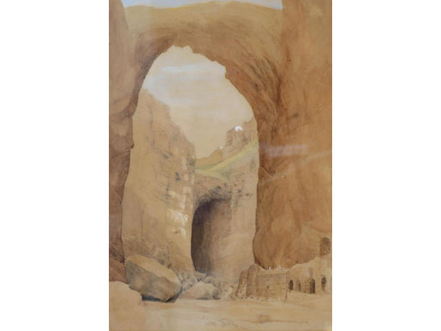 Circle of David Roberts (1796-1864) 'Constantina, natural arch in ravine' 49 x 34cm
