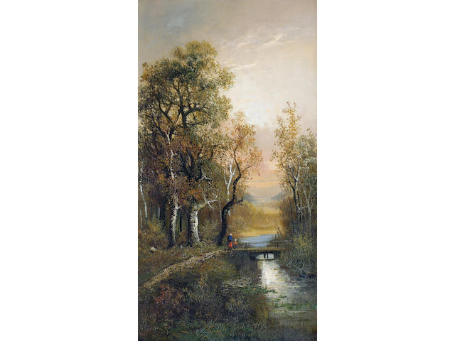 F Deleraine (late 19th/early 20th century) 'Figures in a winter landscape', 57 x 31cm