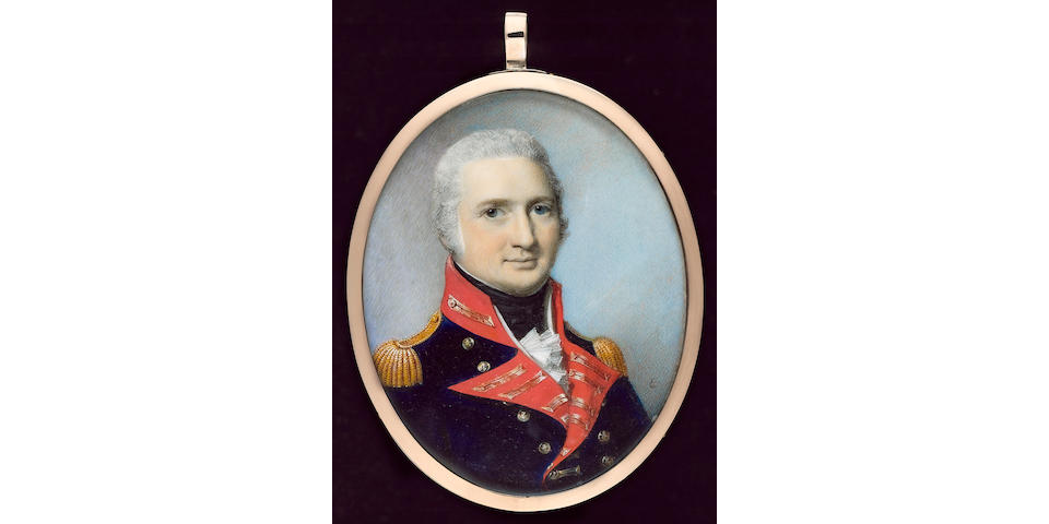 George Engleheart, A Field Rank Officer of the Royal Artillery, wearing blue coatee with scarlet facings, gold lace and gold epaulettes