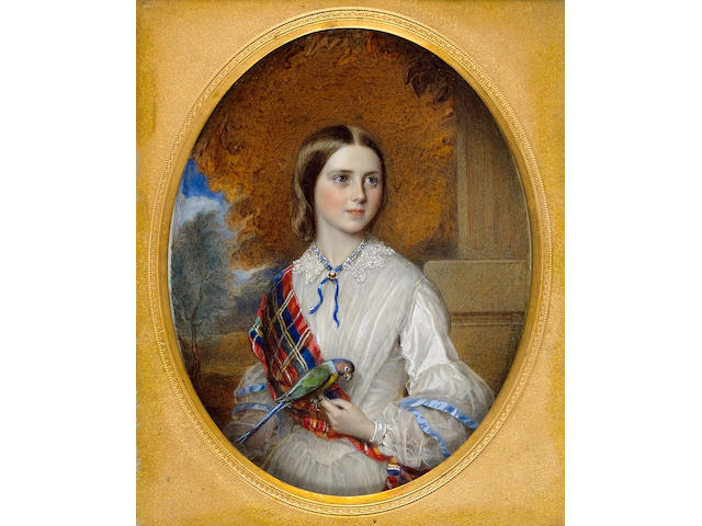Reginald Easton, A young Lady, wearing white dress with small lace collar, blue ribbon held with jewelled slide at her throat, pale blue ribbons across her puffed sleeves and wide tartan sash, she holds a parrot on her left index finger, pillar and landscape background